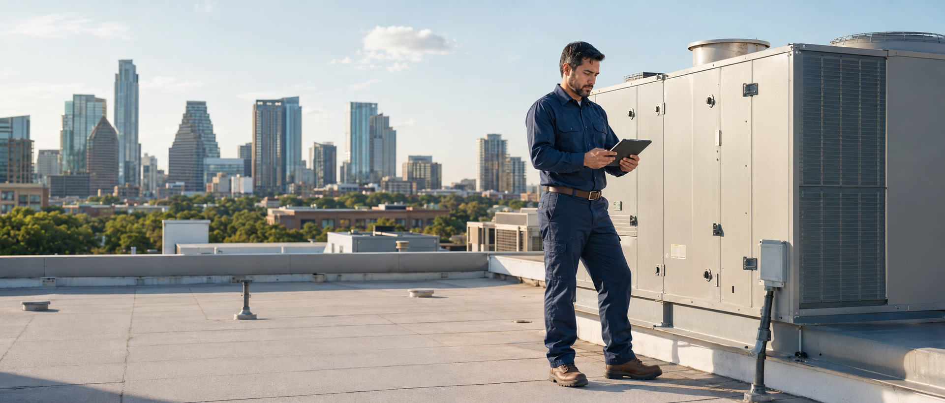 Facilities technician inspecting rooftop HVAC equipment