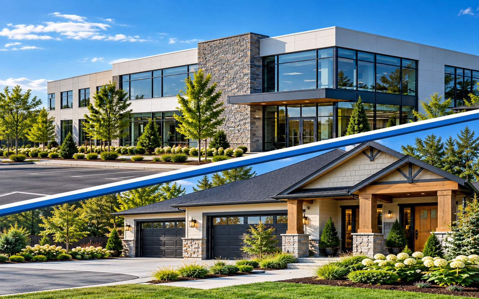 A modern commercial building above a well-maintained residential home